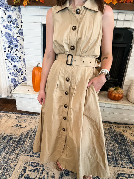 Kassie Sleeveless Button Down Midi- Taupe-K. Ellis Boutique