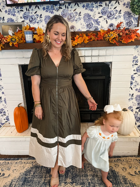 Front Zipper Color Block Midi Dress- Olive-K. Ellis Boutique