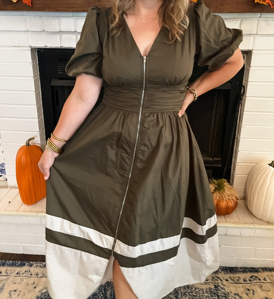 Front Zipper Color Block Midi Dress- Olive-K. Ellis Boutique