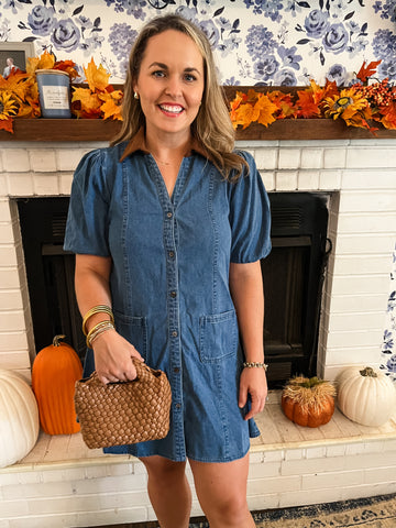 Contrast Collar Puff Sleeve Mini- Denim-K. Ellis Boutique