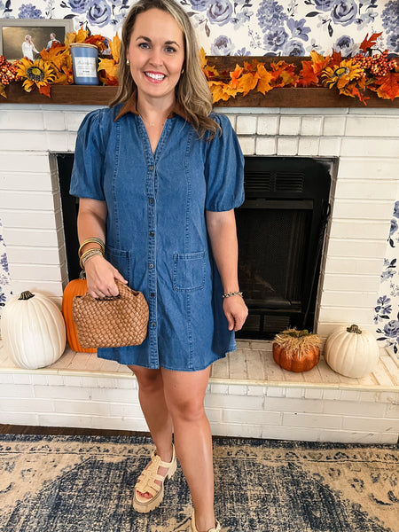 Contrast Collar Puff Sleeve Mini- Denim-K. Ellis Boutique