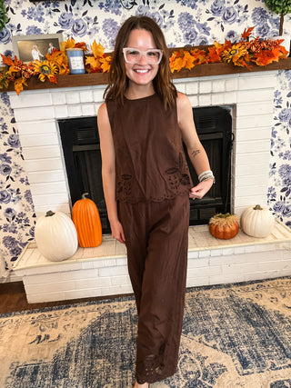 Embroidered Sleeveless Jumpsuit- Chocolate Brown-K. Ellis Boutique