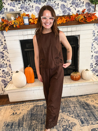 Embroidered Sleeveless Jumpsuit- Chocolate Brown-jumpsuits/rompers-K. Ellis Boutique