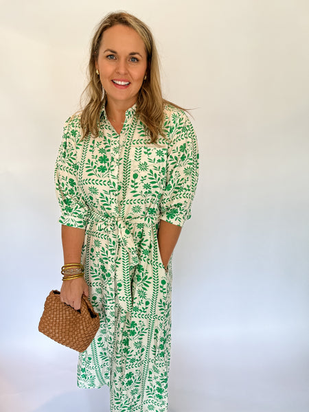Floral Collared Button Down Midi- Green-K. Ellis Boutique