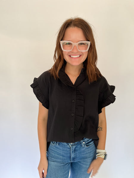 Button Front Closure with Ruffle Accent- Black-K. Ellis Boutique