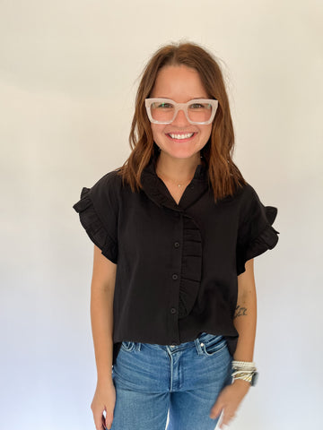 Button Front Closure with Ruffle Accent- Black-K. Ellis Boutique