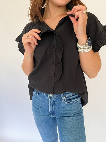 Button Front Closure with Ruffle Accent- Black-K. Ellis Boutique