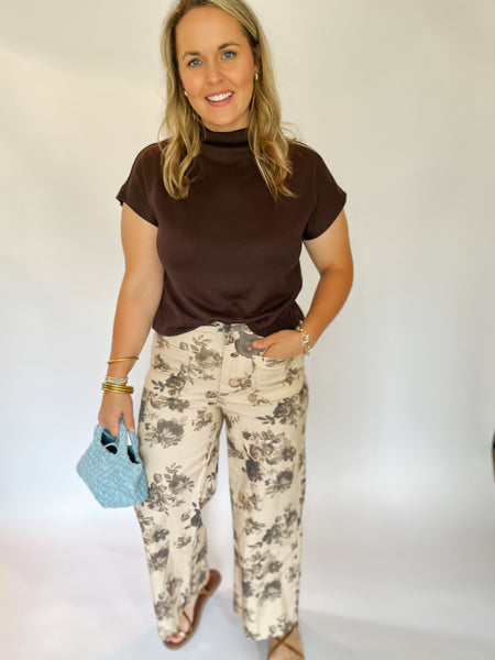 Floral Pattern Mid Rise Jeans- Taupe-K. Ellis Boutique