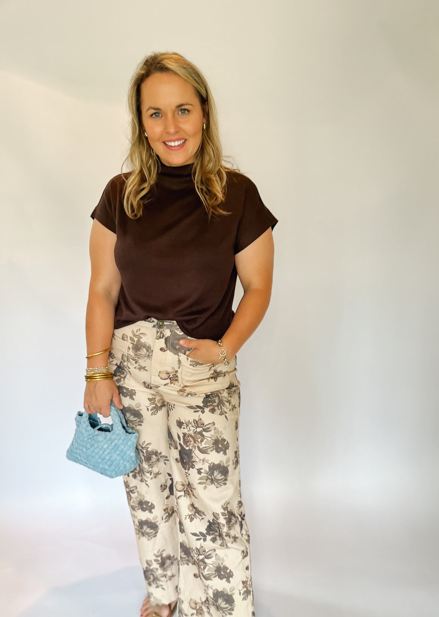 Floral Pattern Mid Rise Jeans- Taupe-K. Ellis Boutique