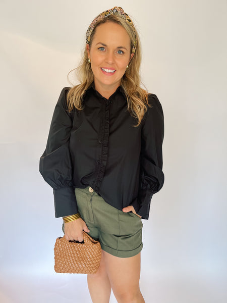 Ruffle Hem Long Sleeve Button Up- Black-K. Ellis Boutique