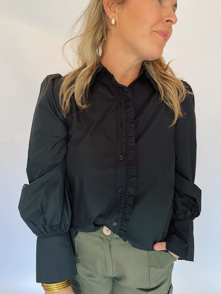 Ruffle Hem Long Sleeve Button Up- Black-K. Ellis Boutique