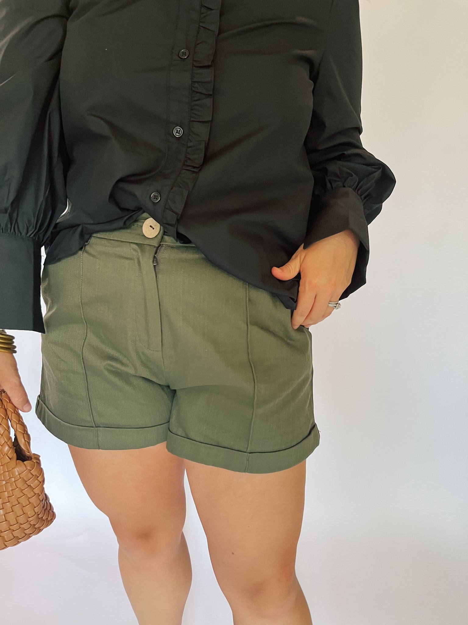 PinTuck Rolled Cuff Shorts- Olive-K. Ellis Boutique