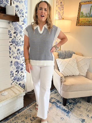 Stripe V-neck SleeveLess Sweater- Navy- Karlie