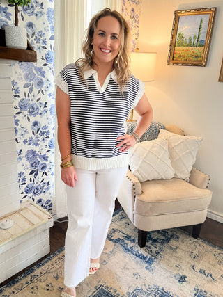 Stripe V-neck SleeveLess Sweater- Navy- Karlie