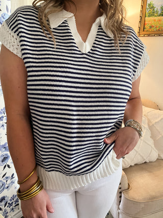 Stripe V-neck SleeveLess Sweater- Navy- Karlie