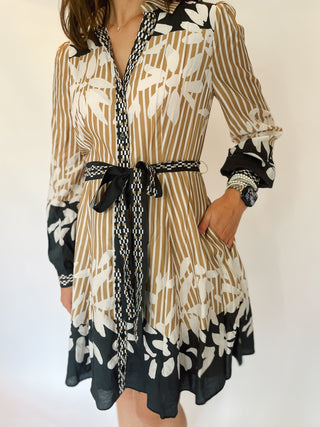 Long Sleeve Border Print Mini Dress- Beige-K. Ellis Boutique