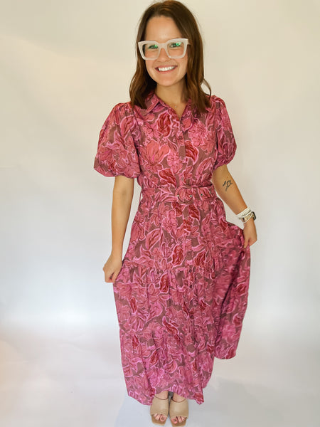Floral Print Bubble Sleeve Button Down Dress-Rosy Brown-K. Ellis Boutique