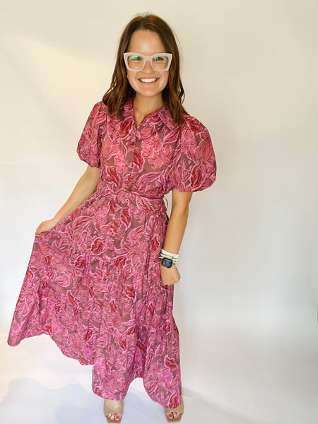 Floral Print Bubble Sleeve Button Down Dress-Rosy Brown-K. Ellis Boutique
