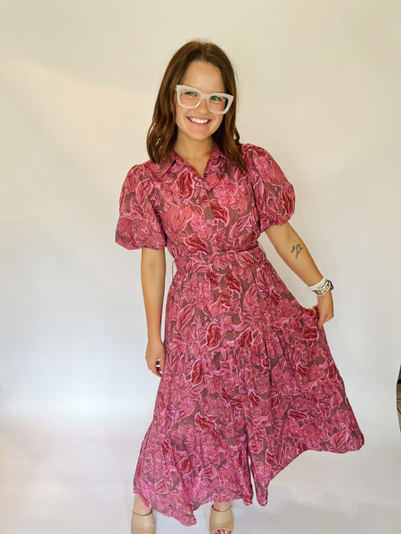 Floral Print Bubble Sleeve Button Down Dress-Rosy Brown-K. Ellis Boutique