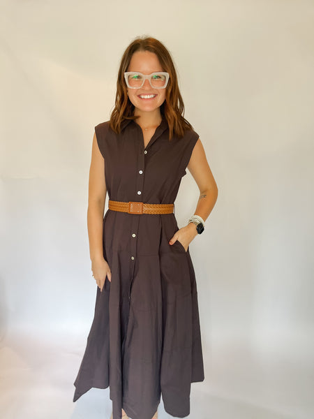 Solid Sleeveless Belted Midi Dress- Dark Brown-K. Ellis Boutique