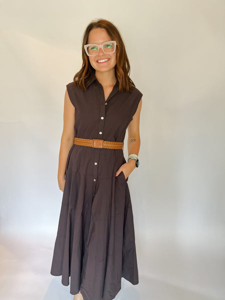 Solid Sleeveless Belted Midi Dress- Dark Brown-K. Ellis Boutique