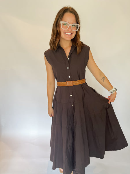 Solid Sleeveless Belted Midi Dress- Dark Brown-K. Ellis Boutique