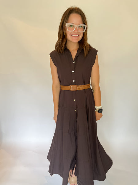 Solid Sleeveless Belted Midi Dress- Dark Brown-K. Ellis Boutique