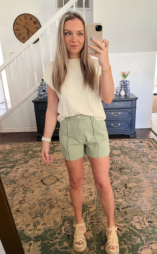 Woven Pintuck Shorts- Matcha-Shorts & SKirts-K. Ellis Boutique