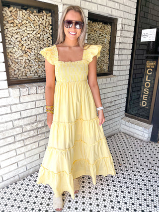 Sara Stripe Maxi Dress With Smocking- Yellow-Midi-K. Ellis Boutique