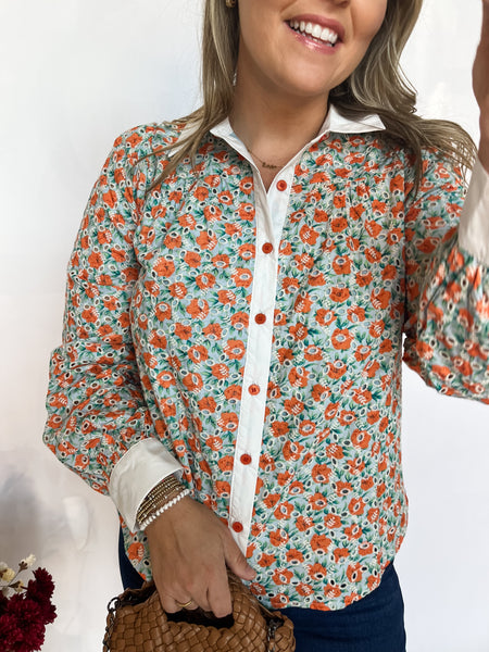 Eyelet Floral Button Up- Orange/ Blue-K. Ellis Boutique
