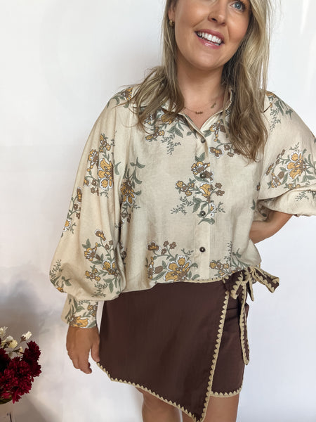 Floral Button Up- Ecru-K. Ellis Boutique
