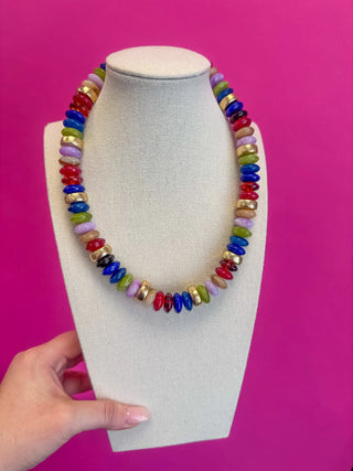 Colorful Chunky Bead with Gold Bead Necklace - Navy, Maroon, Green