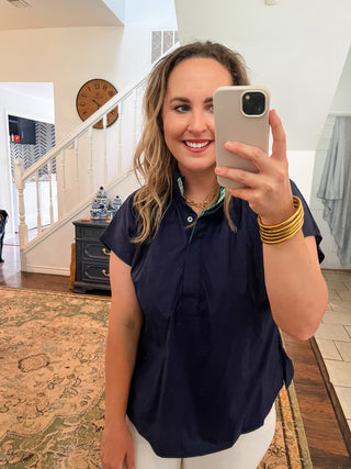 Mock Neck Cap Sleeve Top- Navy-Short Sleeve Top-K. Ellis Boutique