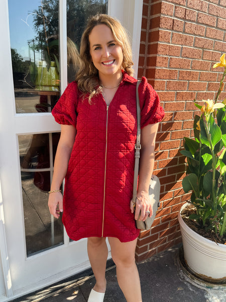 Quilted Zip-Up Mini Dress- Crimson-K. Ellis Boutique