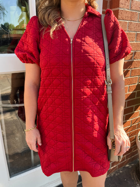 Quilted Zip-Up Mini Dress- Crimson-K. Ellis Boutique