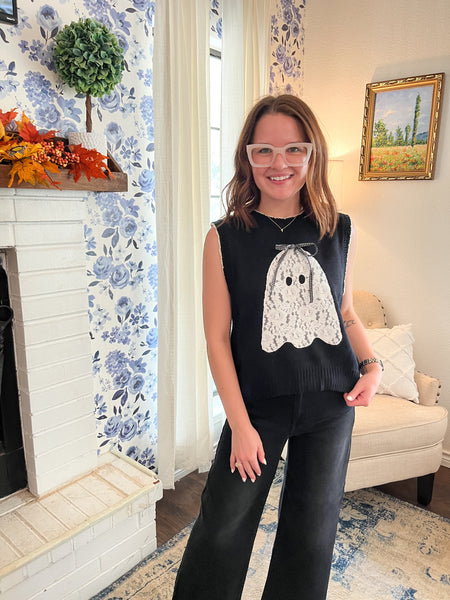 Boo Lace Patch Sweater Vest- Black-K. Ellis Boutique