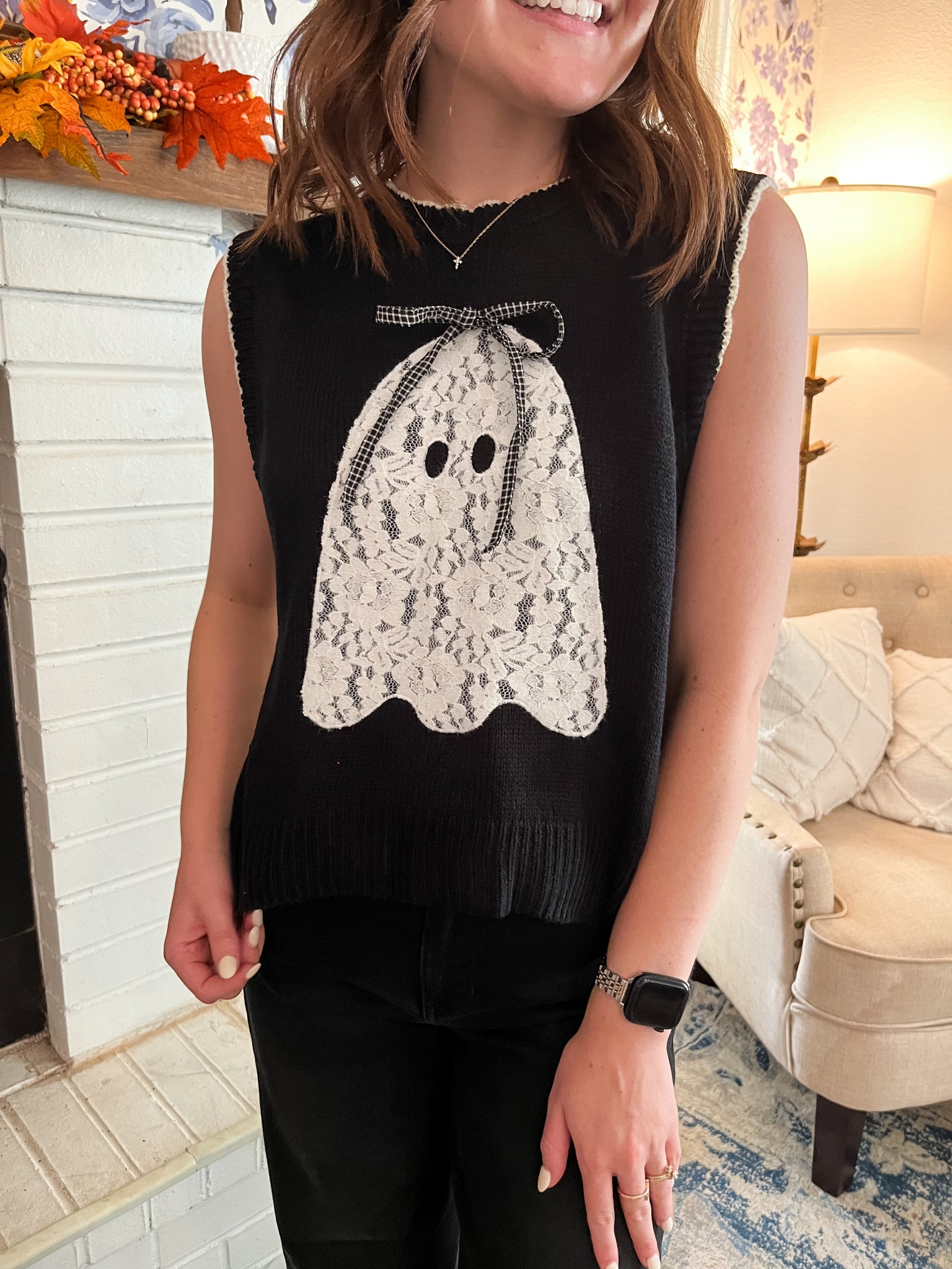 Boo Lace Patch Sweater Vest- Black-K. Ellis Boutique