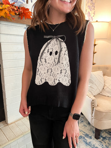 Boo Lace Patch Sweater Vest- Black-K. Ellis Boutique