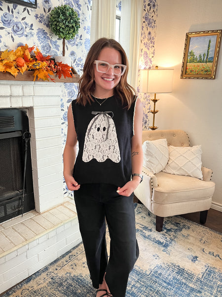 Boo Lace Patch Sweater Vest- Black-K. Ellis Boutique