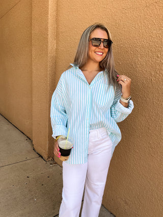Striped Button-up Shirt- Aqua-Long Sleeve Top-K. Ellis Boutique