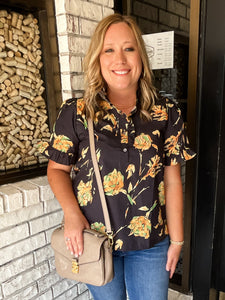 Floral Print Short Sleeve Top- Black-K. Ellis Boutique