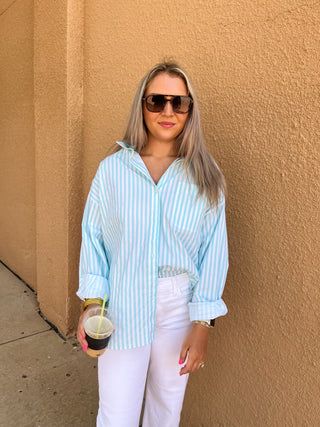 Striped Button-up Shirt- Aqua-Long Sleeve Top-K. Ellis Boutique