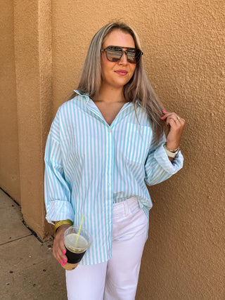 Striped Button-up Shirt- Aqua-Long Sleeve Top-K. Ellis Boutique