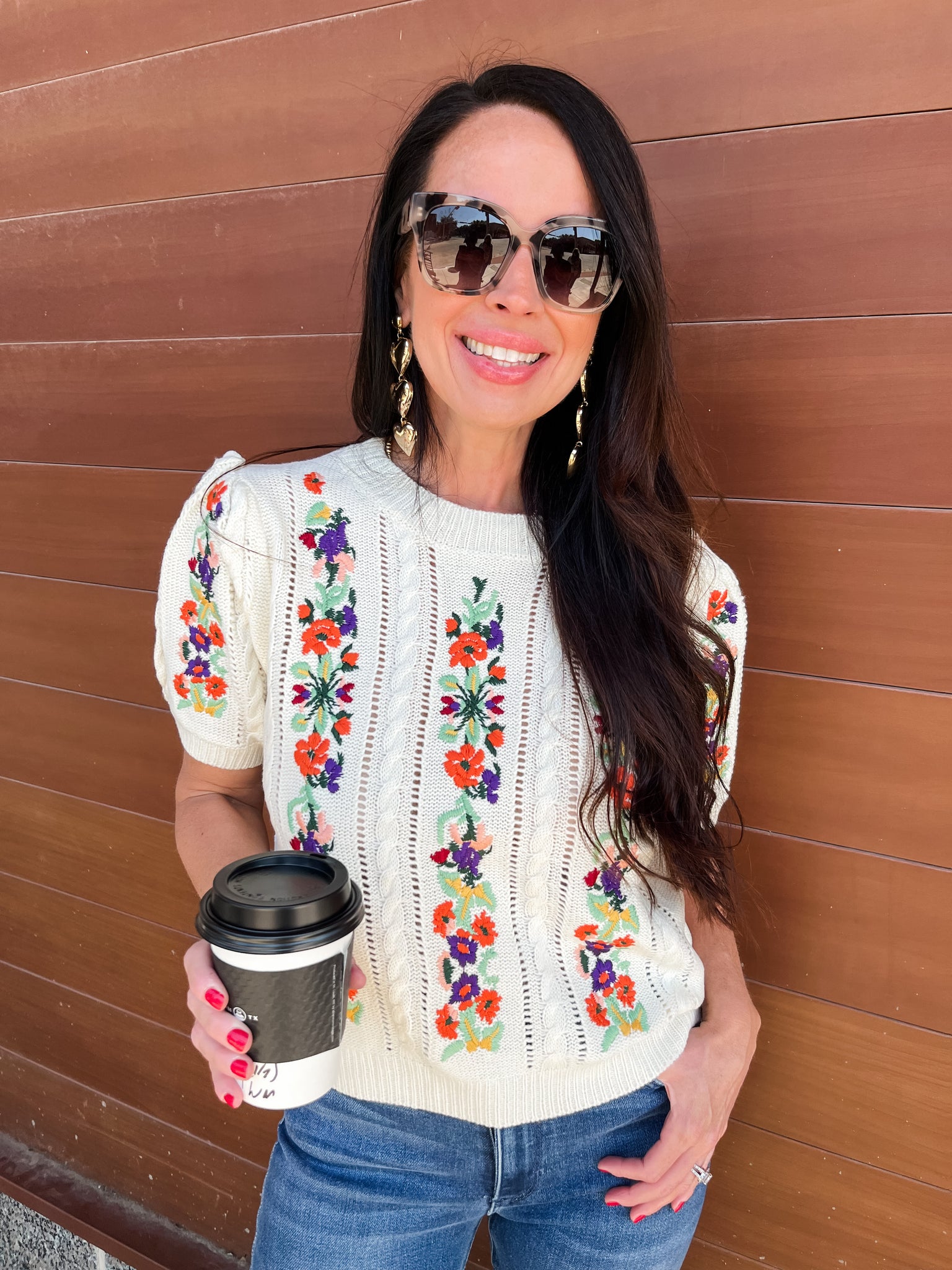 FLOWER EMBROIDERY SHORT SLEEVE SWEATER - IVORY-K. Ellis Boutique