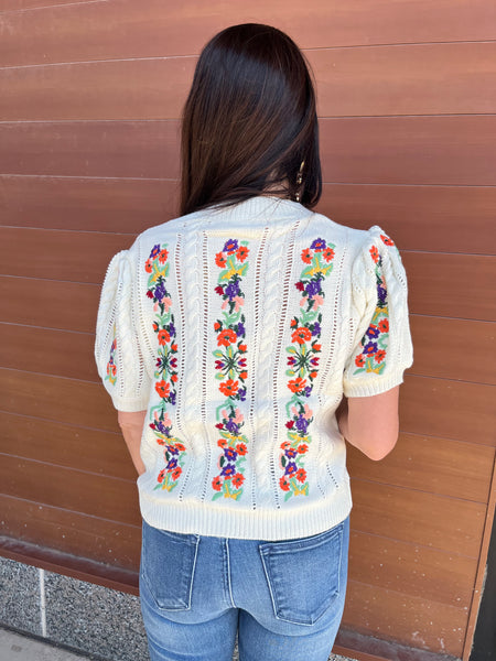 FLOWER EMBROIDERY SHORT SLEEVE SWEATER - IVORY-K. Ellis Boutique