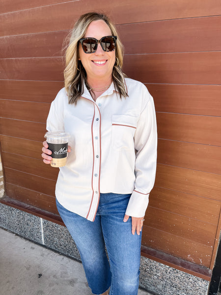 Solid Button Down Long Sleeve Blouse- Ecru-K. Ellis Boutique