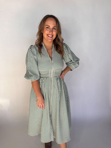 Stripe Print Zip Up Midi Dress- Hunter Green-K. Ellis Boutique