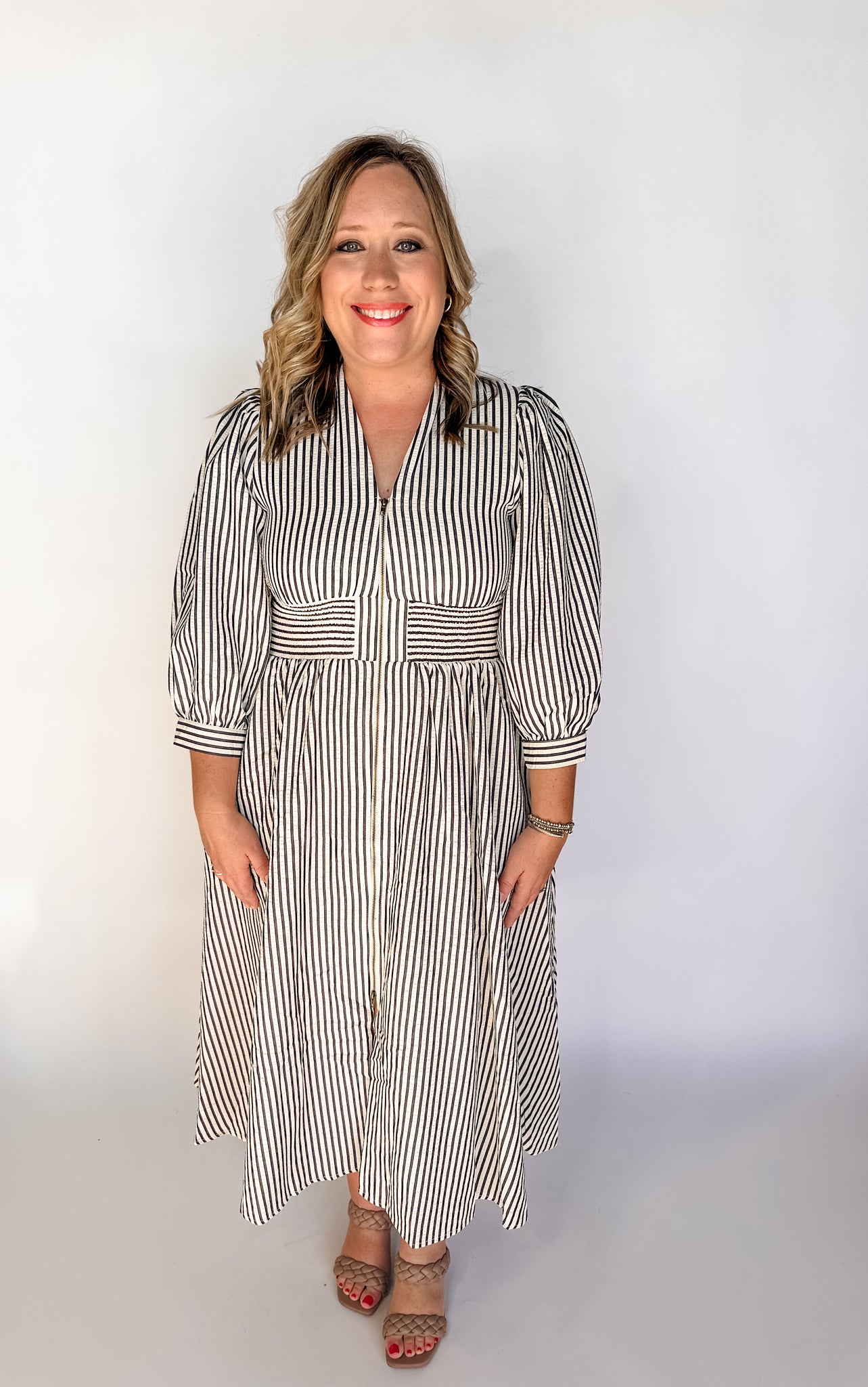 Stripe Print Zip Up Midi Dress- Black-K. Ellis Boutique