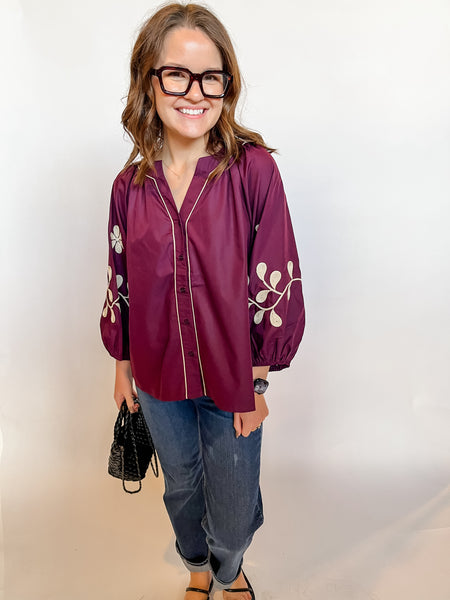 Vneck Button Down w/ Embroidery- Merlot-K. Ellis Boutique