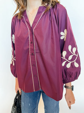 Vneck Button Down w/ Embroidery- Merlot-K. Ellis Boutique